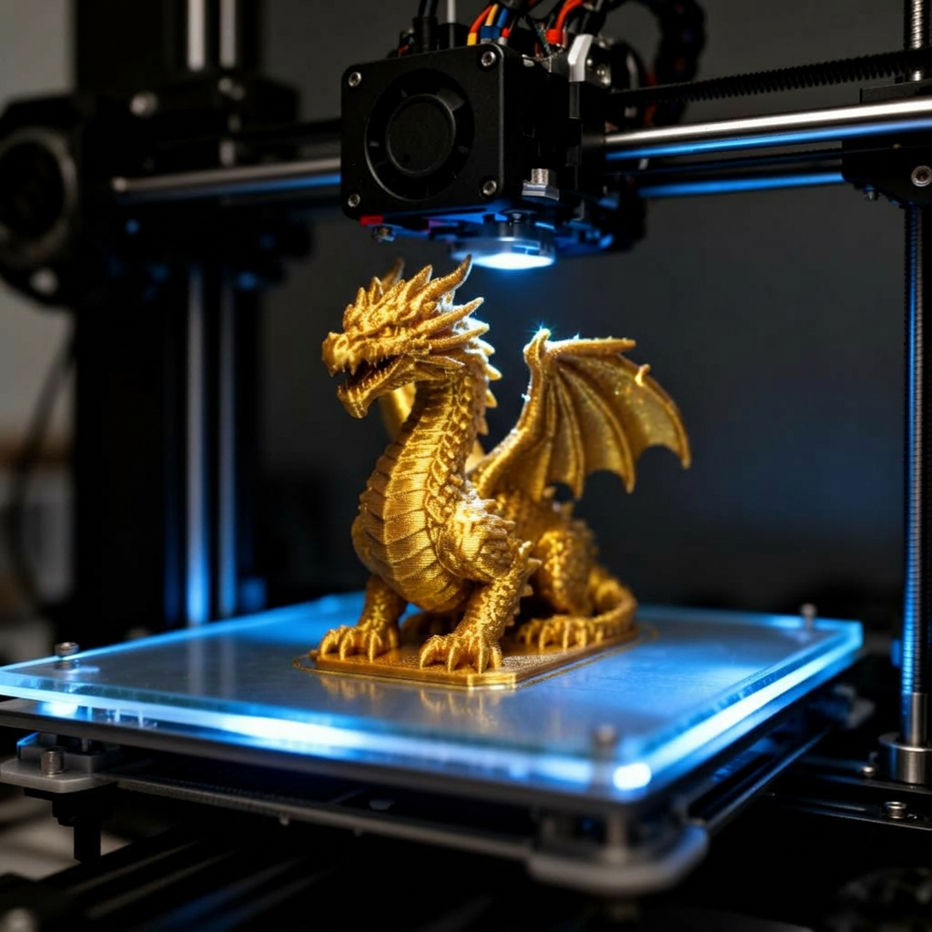 3D printer producing a glowing green model in a dark studio